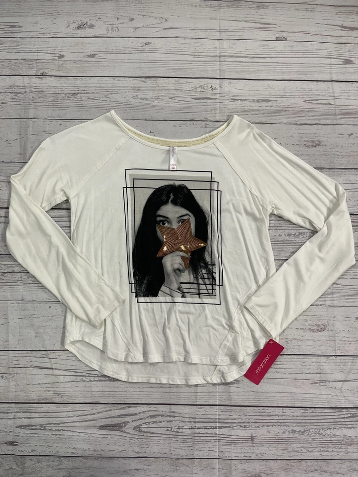 Camisa xhilaration Jóvenes Niñas Blanco Gráfico Manga Larga Talla Grande 10/12 Foto 1 de 4