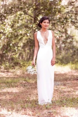  Novo vestido de noiva feito à mão bainha de renda de seda gola redonda aberta costas tamanho 0-2 XS P - Imagem 1 de 4