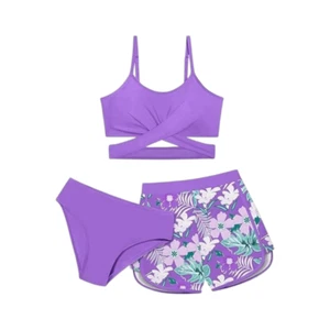 Purple Tropical Floral Print Swim Set with 2 Matching Bottoms NWOT Size 11-12 Y - Picture 1 of 15