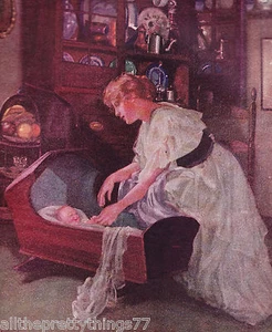 MOTHER w- Infant Baby CRADLE Crib Rocking Bed Vintage Art 1912 MATTED Picture - Picture 1 of 8