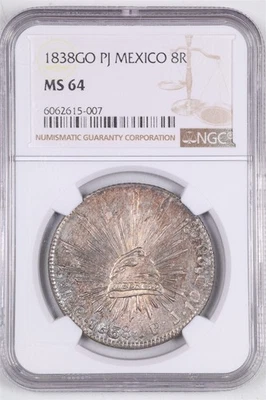 Mexico 1838 GO-PJ Cap & Rays 8 Reales MS64 NGC 6062615-007 KM#377.8 - Image 1 of 4