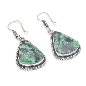Natural Ruby Zoisite Gemstone 925 Starling Silver Jewelry Earring Size 1.5" - Picture 1 of 1