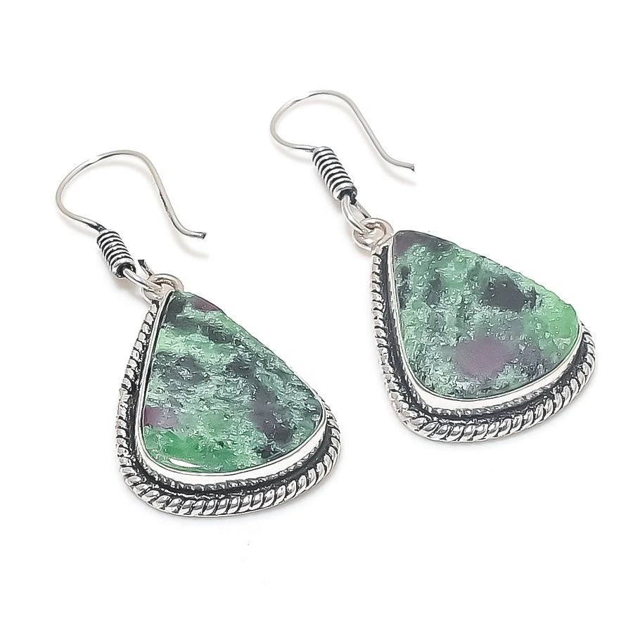 Natural Ruby Zoisite Gemstone 925 Starling Silver Jewelry Earring Size 1.5" - Image 1 of 1
