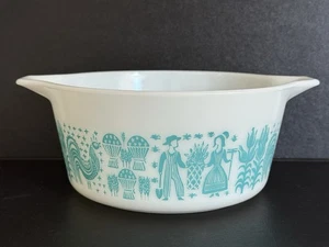 Pyrex Casserole Dish #474 Amish Butter Print White Turquoise 1- 1/2 Quart No Lid - Picture 1 of 12
