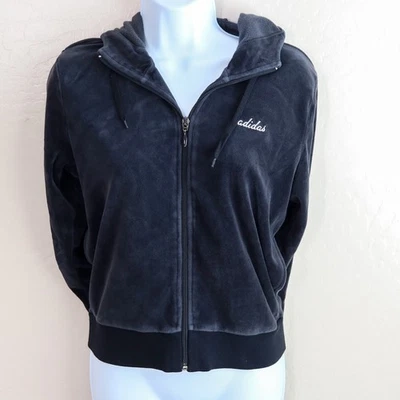 Adidas Y2K Velour Full Zip Hoodie Jacket Black Retro 2000s Women's Medium - Image 1 of 4