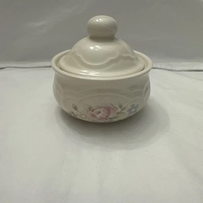 Vintage US Pfaltzgraff Tea Rose Sugar Bowl w Lid Pink Floral Pearlized Stoneware - Image 1 of 4