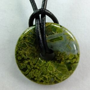 Dark Green & Gray Agate 1 3/8 inch Stone Donut 22" Leather Cord Necklace New #22