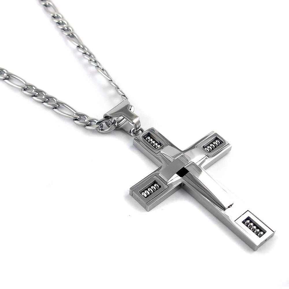 MEN's 24" Stainless Steel 5mm Figaro Chain Necklace Silver Cross Pendant 