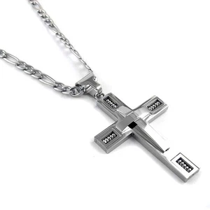 MEN's 24" Stainless Steel 5mm Figaro Chain Necklace Silver Cross Pendant - Picture 1 of 5
