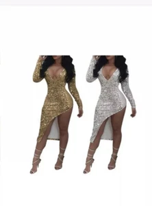 Women Fashion Silver Asymmetric Sequin Midi Dress Size Small NWOT - Picture 1 of 2