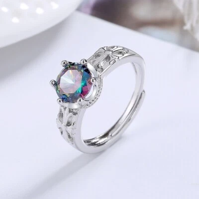 Round Crystal Stone Adjustable Ring 925 Sterling Silver Women Girls Jewelry Gift - Image 1 of 4