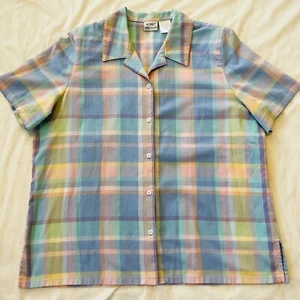 Vintage KORET Womens Sz L  Blue Pink Yellow Plaid Short Sleeve Button-Up Blouse - Picture 1 of 5