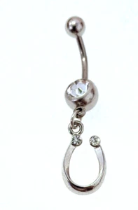 Belly Ring Good Luck Dainty w/Clear Gems Horseshoe Dangle Naval Steel @Z - Picture 1 of 3