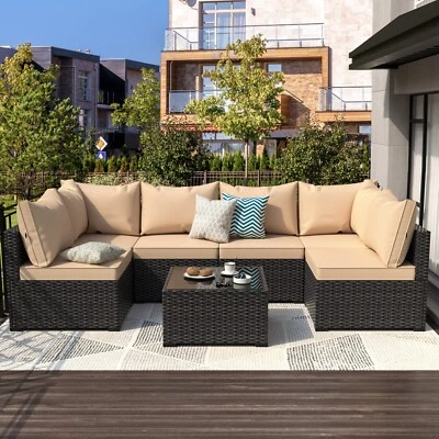 GREZONE 7 Piece Patio Furniture Sets All Weather PE Wicker Rattan Outdoor Sectional Sofa