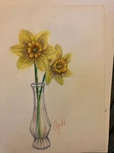 Narzisse Buntstiftzeichnung Original 9x11 - Bild 1 von 4