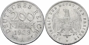 Repubblica di Weimar Impero tedesco 200 marchi 1923 A Berlino Aquila Jaeger 304 - Foto 1 di 3