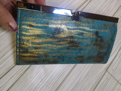 Green Turquoise Gold Shiny Envelope Clutch Wallet Unique Stylish - Image 1 of 4