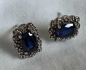 925 Sterling Silver & Dark Blue Sapphire Stud Earrings w/ M makers mark - Picture 1 of 5