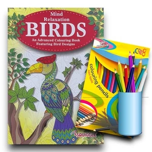 Birds BOOK Advanced COLOURING MIND RELAXING Adult Colour Therapy + 18 Pencils - Picture 1 of 9