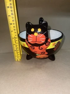 Handbemalte Keramik schwarze Katze Halloween Süßigkeiten Schale Trick or Treat Schüssel 7x7 - Bild 1 von 5