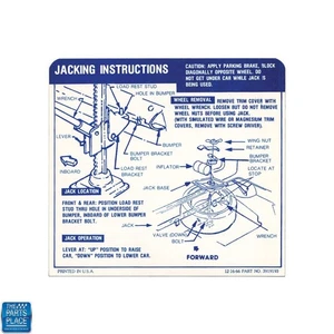 1967-68 Camaro Convertible W/Space Saver Jacking Instructions Decal GM # 3919193 - Picture 1 of 1