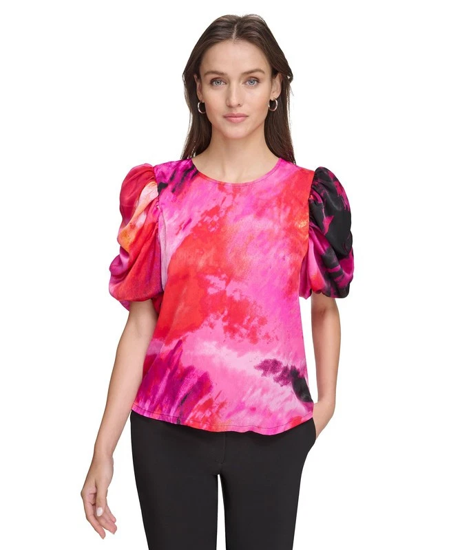 DKNY Women's Printed Puff-Sleeve Top (Shocking Pink, X-Small) - Image 1 of 4