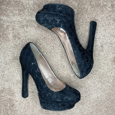 Qupid black lace/glitter heels size 8 - Image 1 of 4