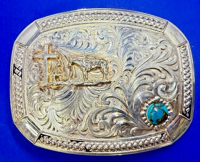 Cruz de Caballo Vaquero Religioso Piedra Turquesa Montana Plateros Hebilla de Cinturón Foto 1 de 4