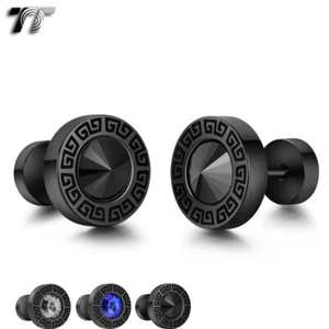 TT 10mm Black Surgical steel Greek Key Round Fake Ear Plug Earrings Screw(BE263) - Picture 1 of 4
