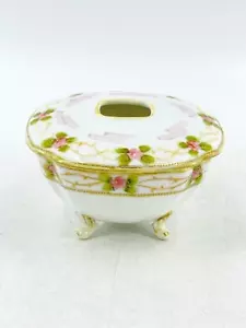 Ricevitore capelli Morimura Nippon 4 piedi dipinto a mano fiori rosa bordo oro - Foto 1 di 13