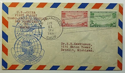 1937 First Flight Trans-Pacific Route San Francisco to Macao China SC #C22 & C21 - Image 1 of 2