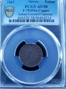 1863 Civil War Token. Indian Head. New York Rollwagen's F-630BI-1a PCGS AU58 - Picture 1 of 2