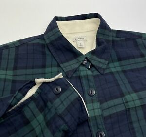 L.L. Bean Fleece Lined Flannel Shirt Women's Medium Green Plaid Sherpa Button-Up