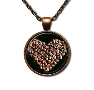 Coffee Lovers Caffeine Beans Heart - Handmade Round Glass Pendant Necklace - Picture 1 of 10