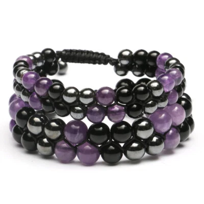 Doppel Amethyst Obsidian Hämatit Perlen Armband Chakra Kristall Energie Heilung - Bild 1 von 4