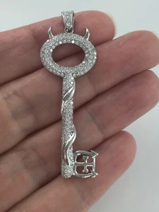 Whimsical Devil Horns & Pitchfork Round CZ 925 Silver Key Pendant No Chain - Picture 1 of 6