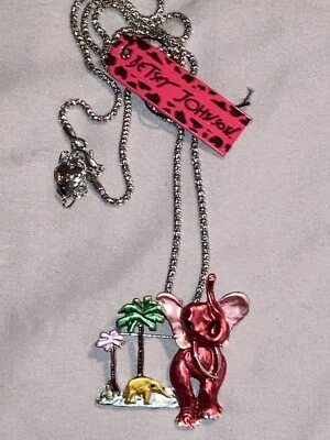 Betsey Johnson Elefante Palmera Broche Prendedor Colgante Collar Rojo Fucsia Metal Foto 1 de 3