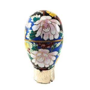 Old Cloisonne Enamel Hinged Egg Trinket Box with Stand 5" - Picture 1 of 8