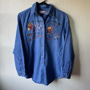 Karen Scott Pumpkin Autumn Fall Cotton Shirt Blue Long Sleeve Button Size Large - Picture 1 of 9