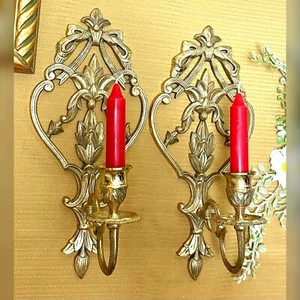 Brass Wall Sconces Vintage Floral & Bows Hollywood Regency Candle Holders - 2 - Picture 1 of 10