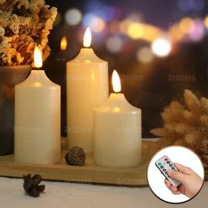 Pack of 3 LED Flameless Pillar Candles Flickering Battery Operated Timer Remote - Picture 1 of 15
