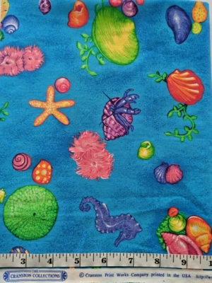 Sea Life Shells Crabs Seahorse Ocean Cranston Prints 1.25yds Cotton Quilt Fabric - Image 1 of 4