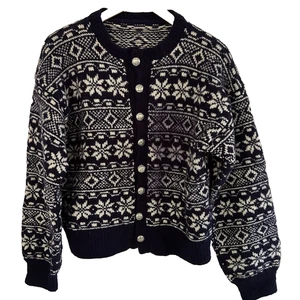 Wool Nordic Cardigan Sweater Navy Blue White Fair Isle Ski Size Medium Large???? - Picture 1 of 7