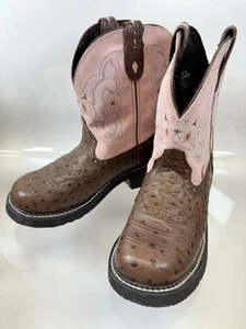 Justin Botas Mujer 8.5B Gitano Estampado Avestruz Marrón Rosa Cuero Vaquera L9935 - Imagen 1 de 17