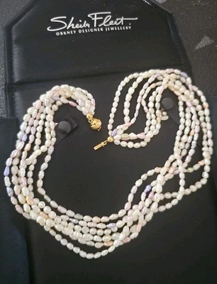 VTG  JKa Signed 750/18 Yellow Gold Six Strand Rice Pearl Necklace  Original Box - Image 1 of 4