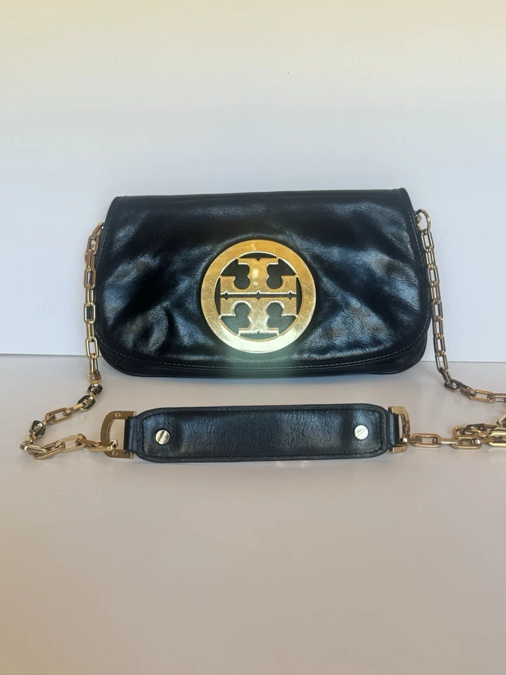 Tory Burch Reva Black Leather Gold Accent Chain Strap Crossbody Clutch Bag - Image 1 of 4