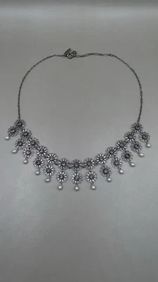 Liz Palacios Necklace Silver Plated Gray Crystal Faux Pearl Floral Pendant - Image 1 of 4