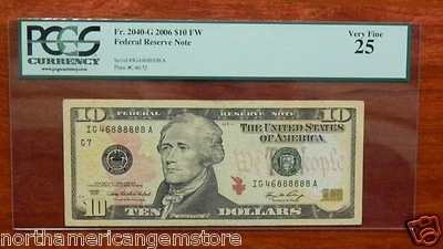 LUCKY 888888 PCGS 25 Very Fine 2006 $10 Federal Reserve Chicago IG46888888A - Image 1 of 4