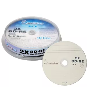 10 Pack Smartbuy 2x 25GB Blue Blu-ray BD-RE Rewritable Branded Logo Blank Disc - Picture 1 of 3