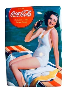 Coca Cola Coke Tin Postcard Sign 5x8 inch Pinup White Bathing Suit - Picture 1 of 4